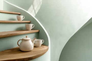 Poster - Teapot and mugs on wooden stairs in a light green room.