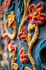 Wall Mural - Close-up of vibrant, textured floral wall art with red, yellow, and blue flowers and gold vines.