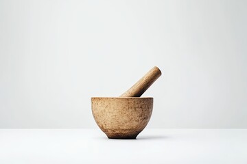 Wall Mural - Wooden mortar and pestle on white surface, minimalist still life