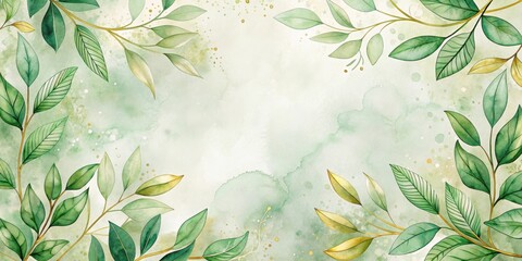 Wall Mural - Elegant Green and Gold Botanical Watercolor Frame with a Soft, Subtle Background Perfect for Invitations, Cards, or Decorative Purposes