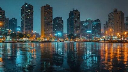 Wall Mural - Night cityscape reflecting in rain-slicked plaza.