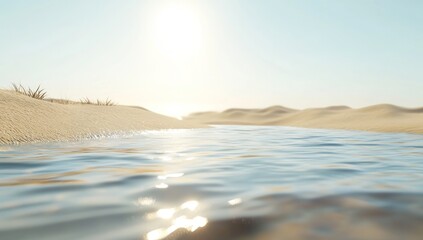 Wall Mural - Calm water flows through sandy dunes under bright sunlight.