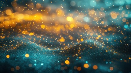 Wall Mural - Abstract blue and gold glittering particles wave background.
