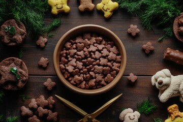 Wall Mural - Chocolate dog treats in a bowl surrounded by cookies and dog toys on a wooden background.