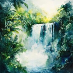 Poster - Majestic waterfall cascading through lush tropical rainforest during bright daytime. Generative AI