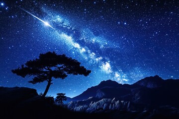 Wall Mural - night sky, milky way galaxy, shooting star, silhouetted tree, mountain range.
