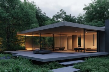 Wall Mural - Modern glass house nestled in lush forest, featuring minimalist design, concrete structure, and expansive windows offering serene views.