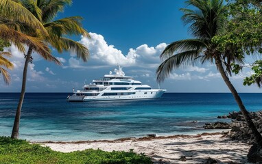 Wall Mural - Luxury yacht anchored near a tropical beach with palm trees. (1)