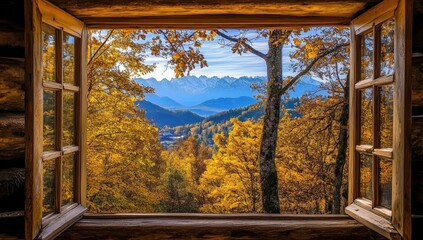 Wall Mural - Autumnal mountain view seen through rustic cabin window.