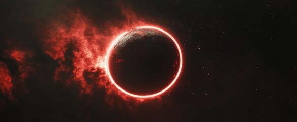 Wall Mural - red ringed planet in dark space, fiery clouds.