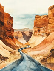 Fototapete - Winding road through majestic canyons under a cloudy sky in a serene landscape. Generative AI
