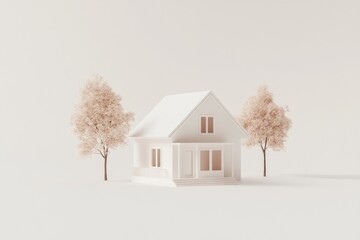 Wall Mural - Minimalist white house model with two trees on a white background.