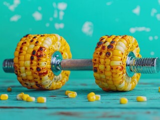 Wall Mural - Grilled corn on the cob shaped as dumbbells on turquoise wooden surface.