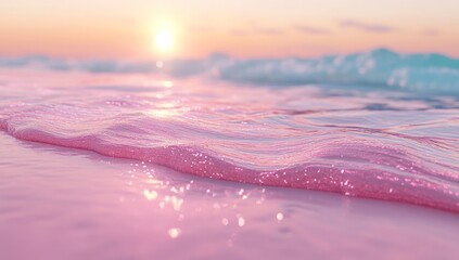 Poster - Pink sunset waves gently lapping on a beach.