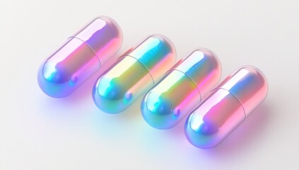 Wall Mural - Four iridescent capsules arranged in a row on a white background.