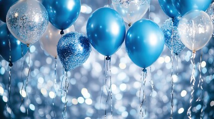 Blue and silver balloons float against a bokeh background. Perfect for celebrating birthdays, anniversaries, or any festive occasion.