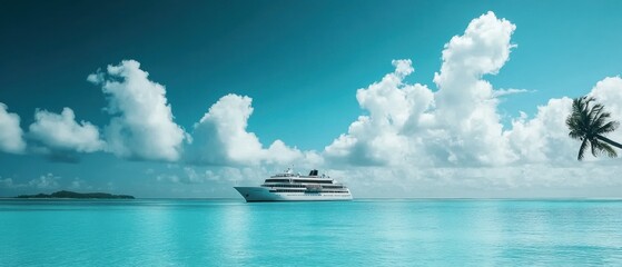 Sticker - Cruise ship at tropical ocean with blue water, fluffy clouds, and palm trees.