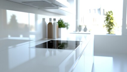 Poster - Modern white kitchen countertop with induction cooktop, bottles, and plants near bright window.