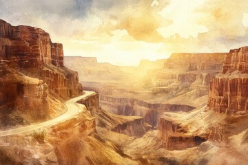 Wall Mural - Breathtaking sunset view over canyon landscape with winding road and dramatic rock formations. Generative AI