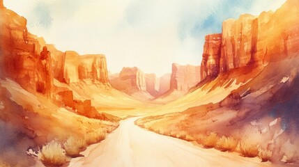 Fototapete - Expansive desert landscape with canyons illuminated by warm sunlight during the golden hour. Generative AI