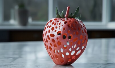 Wall Mural - A creatively designed strawberry sculpture with intricate cutouts on a marble countertop, indoors