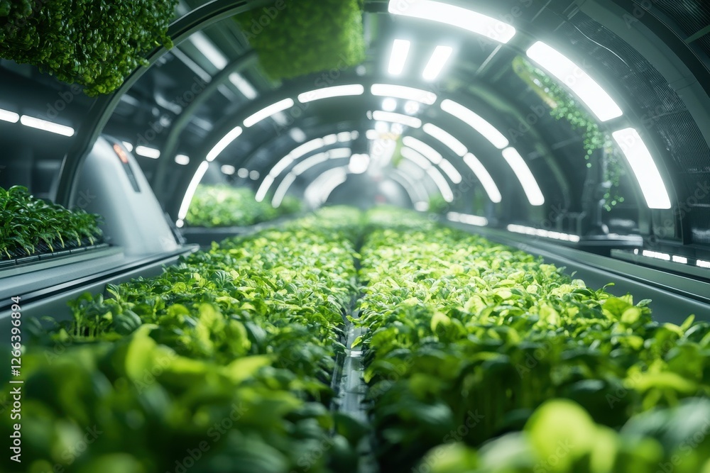 Rows of lush green plants thrive under bright lights in a futuristic ...