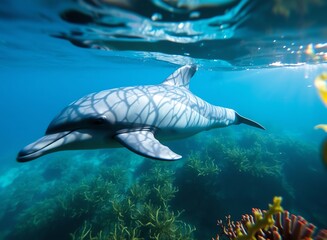 Sticker - an image of a dolphin swimming in the ocean with a fish nearby, there is a dolphin swimming in the water with a fish nearby