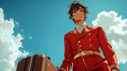 Young man in bright red uniform stands with suitcase under blue sky filled with white clouds, ready for adventure in a vibrant illustrated scene