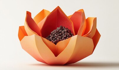 Wall Mural - A vibrant orange paper flower with a center of brown beans, symbolizing creativity and nature