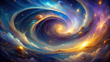 Wall Mural - a celestial tapestry of swirling nebulae and golden planets, featuring a vivid cosmic dance of light
