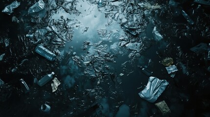Aufkleber - Floating plastic waste covers ocean surface creating an unsettling view of pollution in the water. Generative AI
