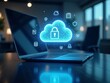 © Roshid - Modern representation of cloud storage technology featuring a sleek laptop with a holographic cloud, floating digital icons, and a professional office background