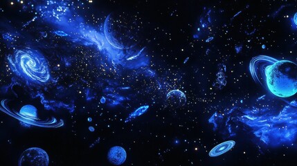Poster - Exploring the cosmos through vibrant blue galaxies and planets filled with stars and cosmic wonders. Generative AI