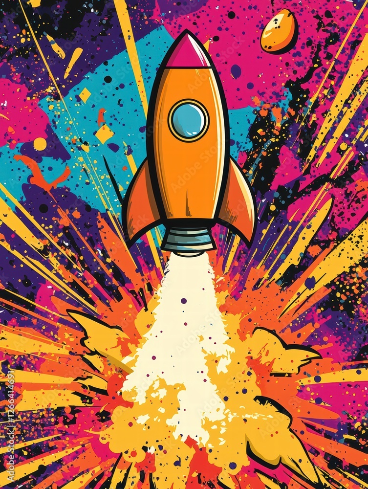 Blast Off: A vibrant cartoon rocket bursts into space, trailing a ...