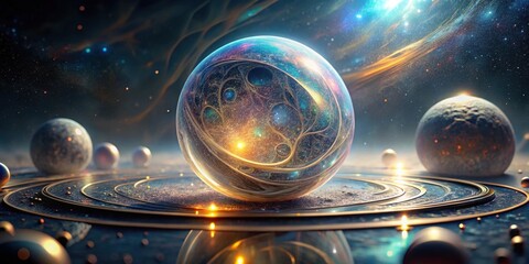 Wall Mural - cosmic orb a celestial sphere encapsulating infinite galaxies and nebulae within a golden framework 