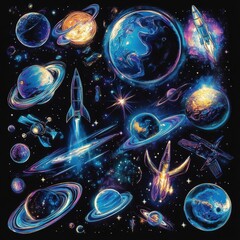 Poster - Colorful cosmic stickers depicting planets, rockets, and galaxies in a vibrant space themed design. Generative AI