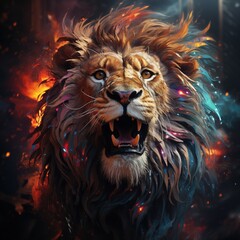  A fierce lion with a flowing mane, set against a vibrant, colorful background, exuding strength and majesty.