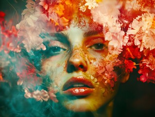 Floral Enchantment: A woman's face is partially obscured by a vibrant crown of flowers, with swirling smoke adding a mystical touch. The image is rich with color and texture.