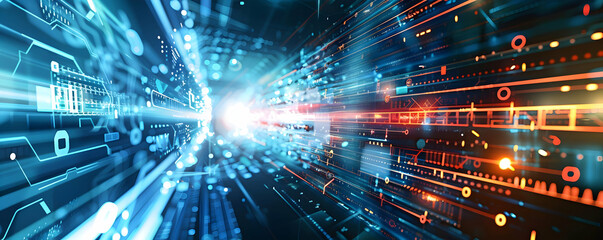 Wall Mural - abstract digital background with light trails and binary code in motion