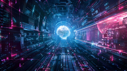Wall Mural - futuristic digital tunnel with glowing elements and a cosmic sphere in the background