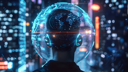 Wall Mural - futuristic cityscape with a person wearing a high-tech headset, illuminated skyline