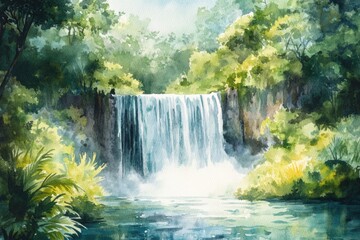 Poster - Majestic waterfall cascading into tranquil pool amidst lush green foliage in a serene natural setting. Generative AI