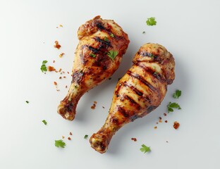 Wall Mural - Grilled chicken drumsticks on white background with herbs and spices