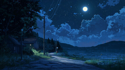 Wall Mural - Country road at night, quiet scenery, night view, starry night, walking path