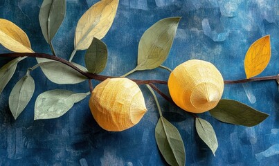 Wall Mural - Two handcrafted yellow lemons on a textured blue background with green leaves