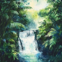 Aufkleber - Serene waterfall surrounded by lush greenery in a tropical forest during the day. Generative AI