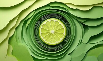 Wall Mural - Vibrant layered paper art featuring a central lime slice surrounded by green hues, symbolizing freshness