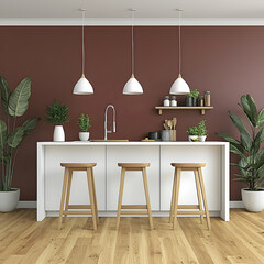 Wall Mural - Modern kitchen island with white cabinets, wooden stools, and burgundy wall, plants adding natural vibes; perfect for home design blogs or interior magazines