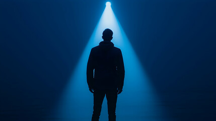 Silhouetted man standing in spotlight, dark blue background, hope concept, ideal for inspirational posters