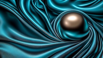 Wall Mural - Golden sphere nestled in swirling teal silk fabric dramatic lighting. AI Generated